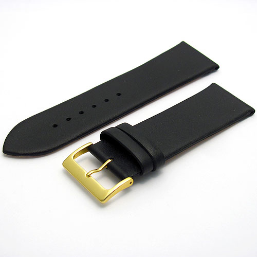 Extra Wide Black Smooth Calf Leather Watch Strap - Men's Sizes - Gold Buckle